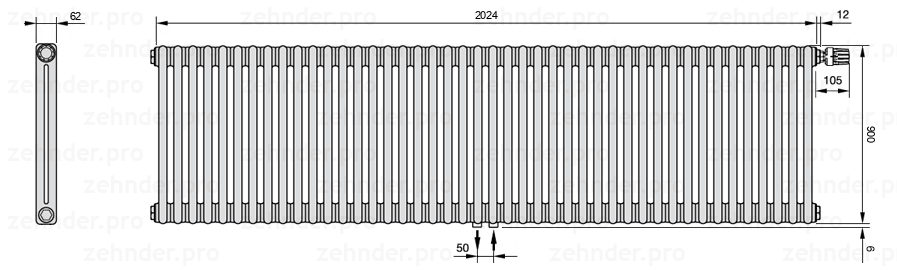 Схема (чертеж) Радиатор Zehnder Charleston 2090/44 №V008 Белый глянцевый RAL 9016